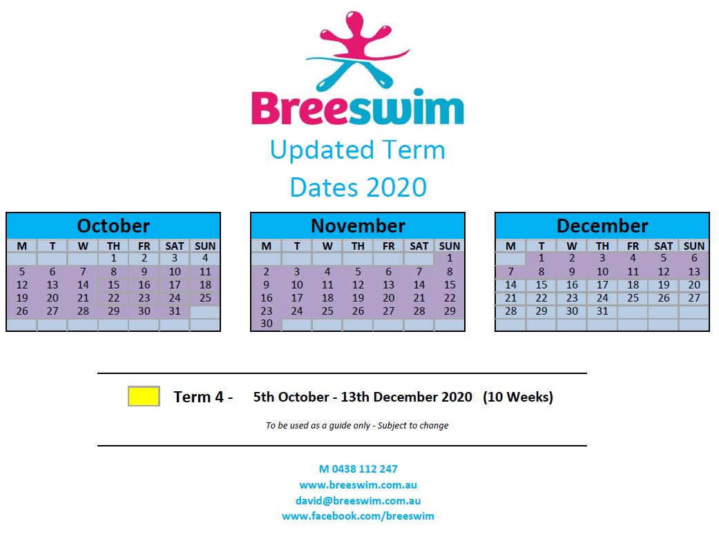 Term 4 Calendar for Breeswim 2020